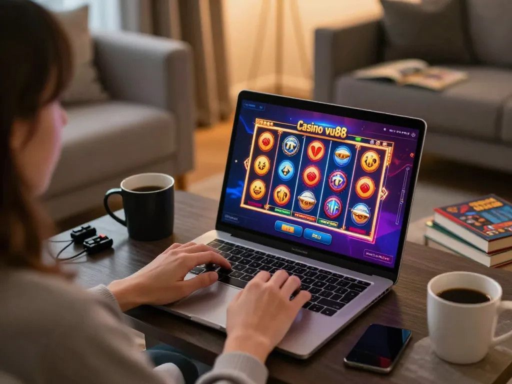 Casino vu88 player engaged in exciting online slot game from home cozy setup.
