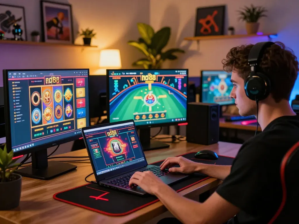 Engaged player using hd88 online casino on laptop, illuminated by screen light in cozy home setting