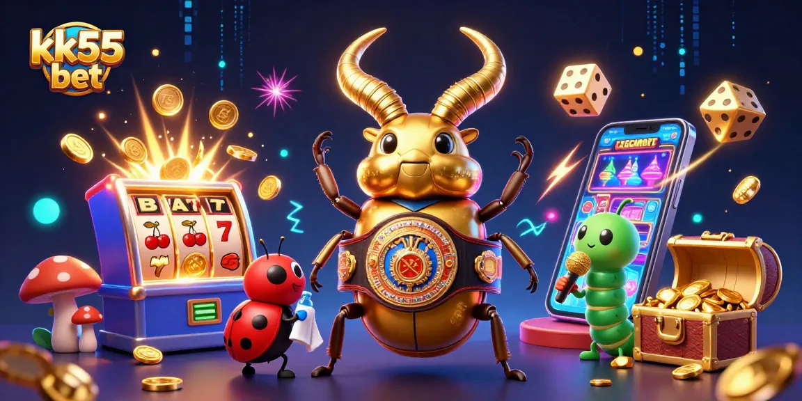 Engage with kk55 bet's excitement as a giant stag beetle confronts the jackpot chaos in this animated casino scene.
