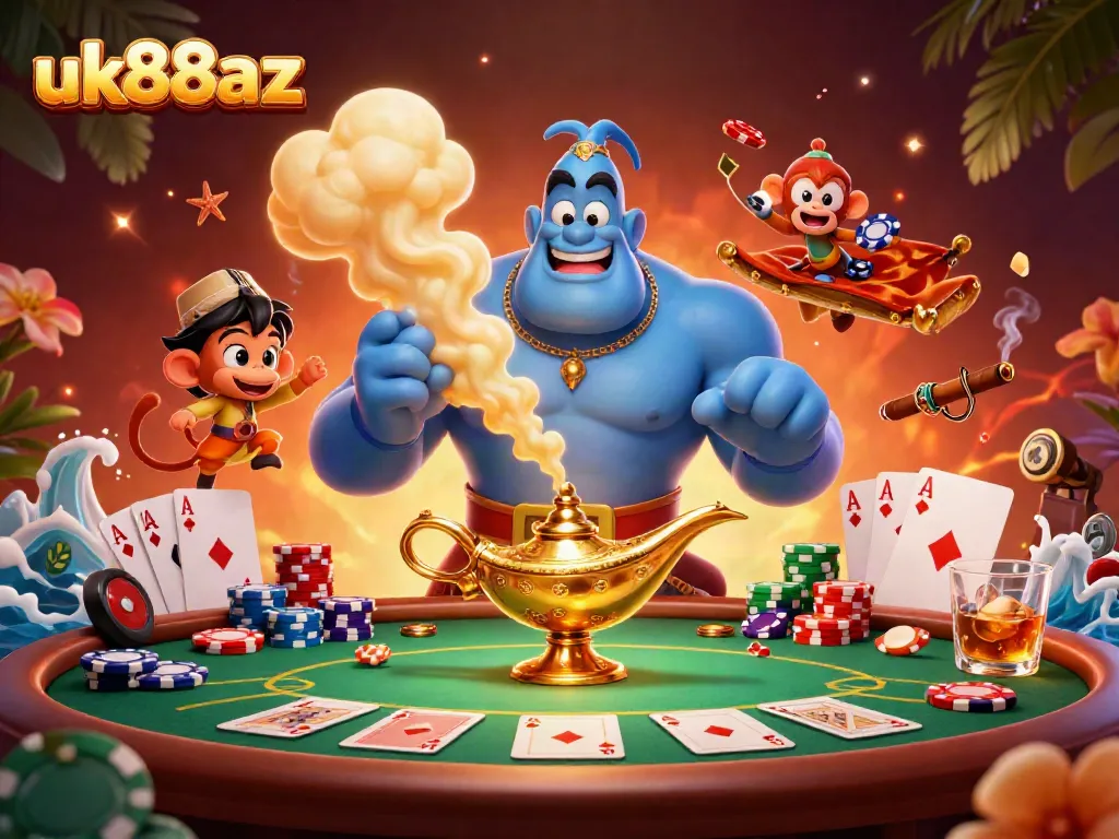 Engage in thrilling poker action at uk88az with genies, poker chips, and vibrant casino elements.