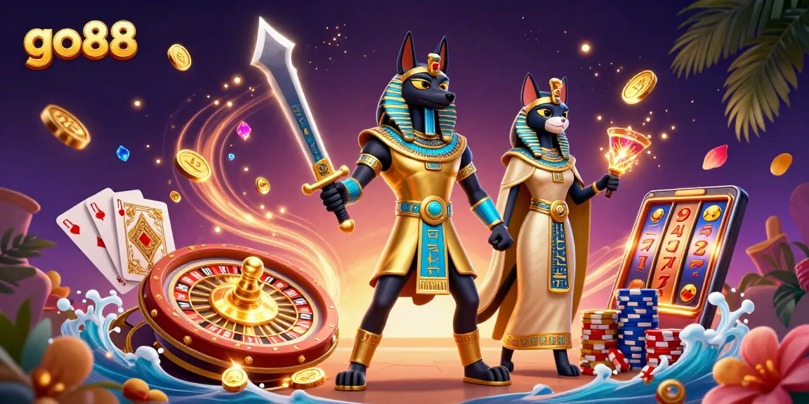 Play thrilling games at go88 with Anubis and Bastet amid cascading coins and energetic casino elements.