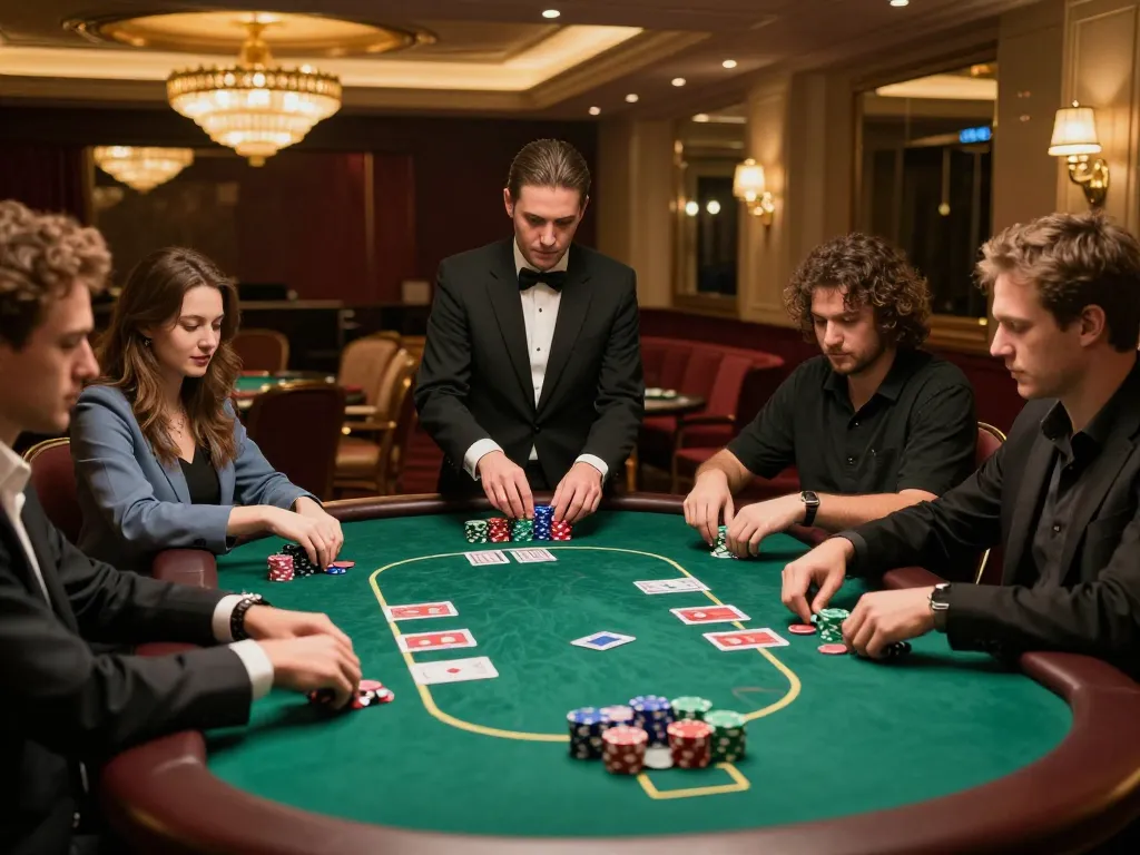 Fabet players strategizing during an intense poker game in an upscale casino setting