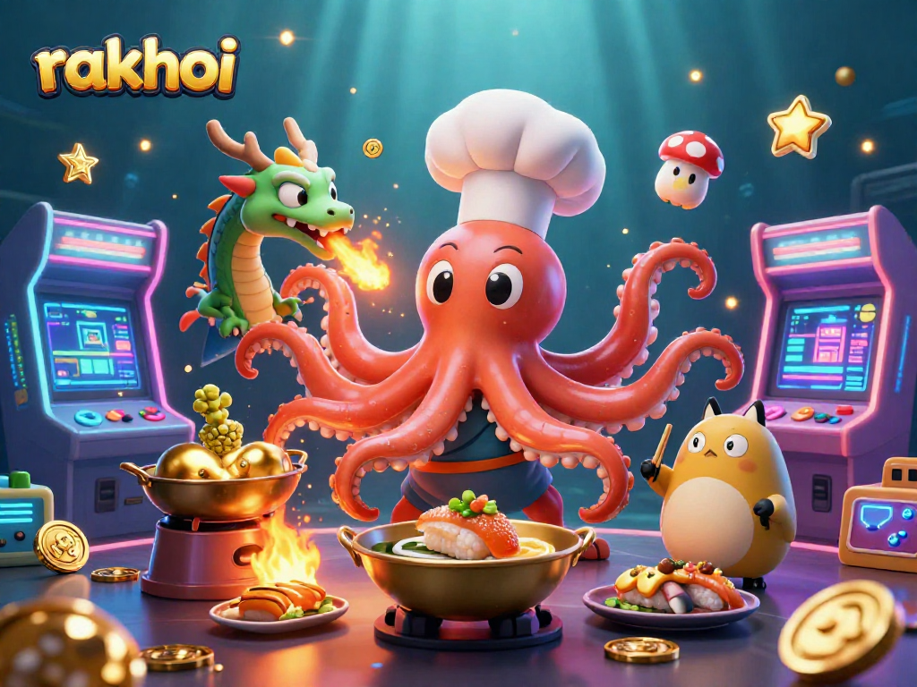 Play rakhoi games with our colorful 3D illustration of a sushi chef octopus and friends!