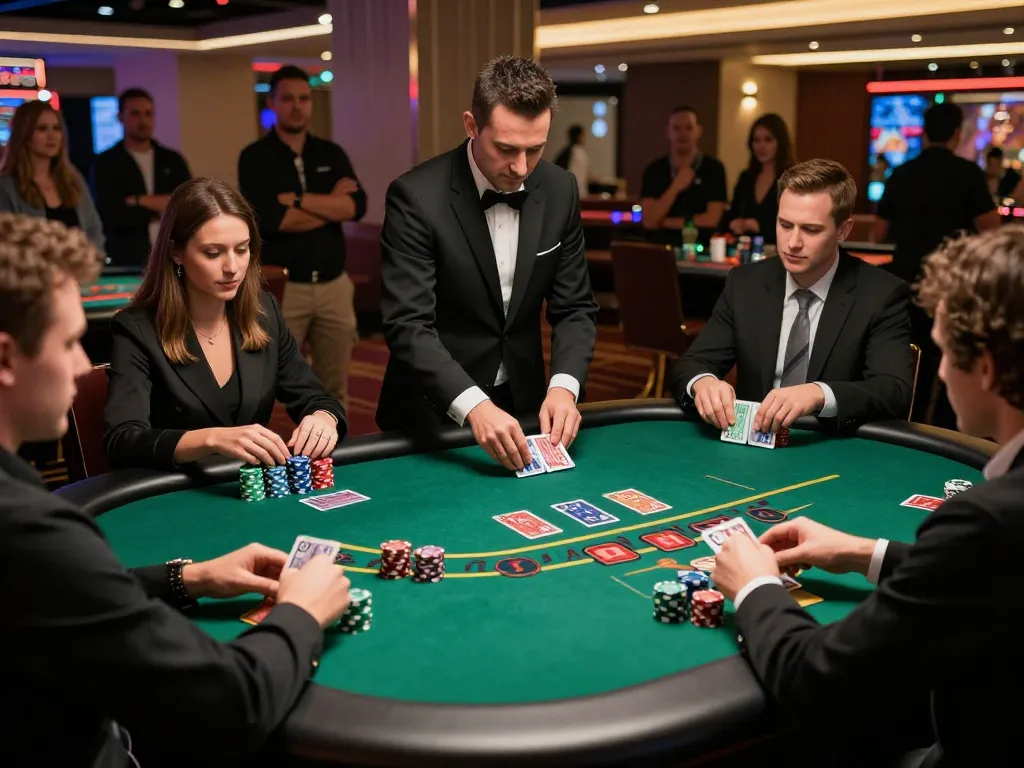 Players enjoy a thrilling blackjack game at https://sky888.cn.com/, focused and engaged in strategy.