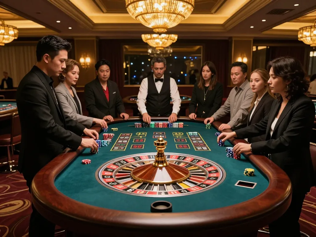 vb88 players excitement at roulette table with croupier spinning the wheel in sophisticated casino