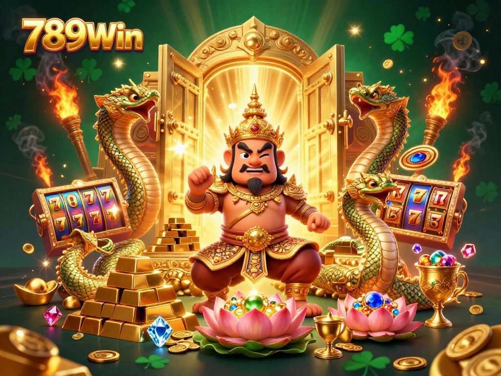 Join the excitement of 789Win with a dynamic 3D casino scene filled with treasures and game elements.