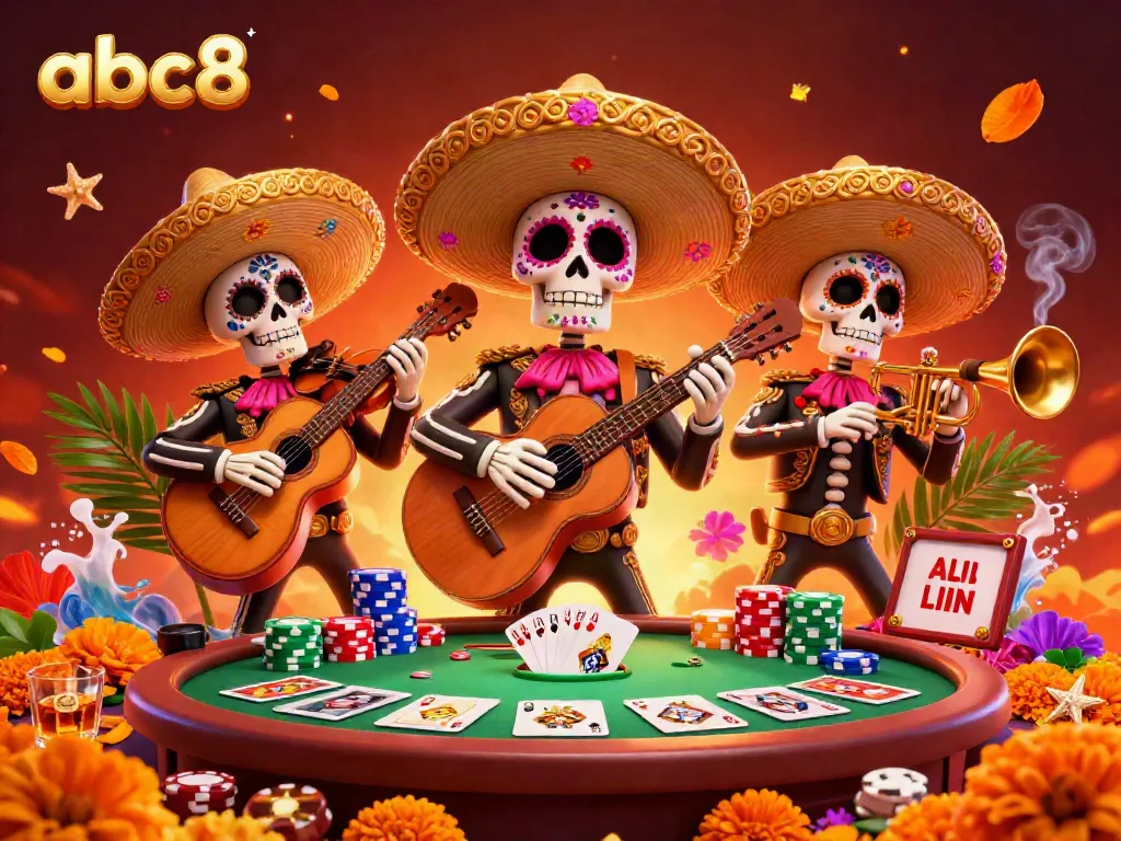 Engage in the lively atmosphere of abc8's vibrant casino experience featuring a skeleton mariachi band amid poker elements.