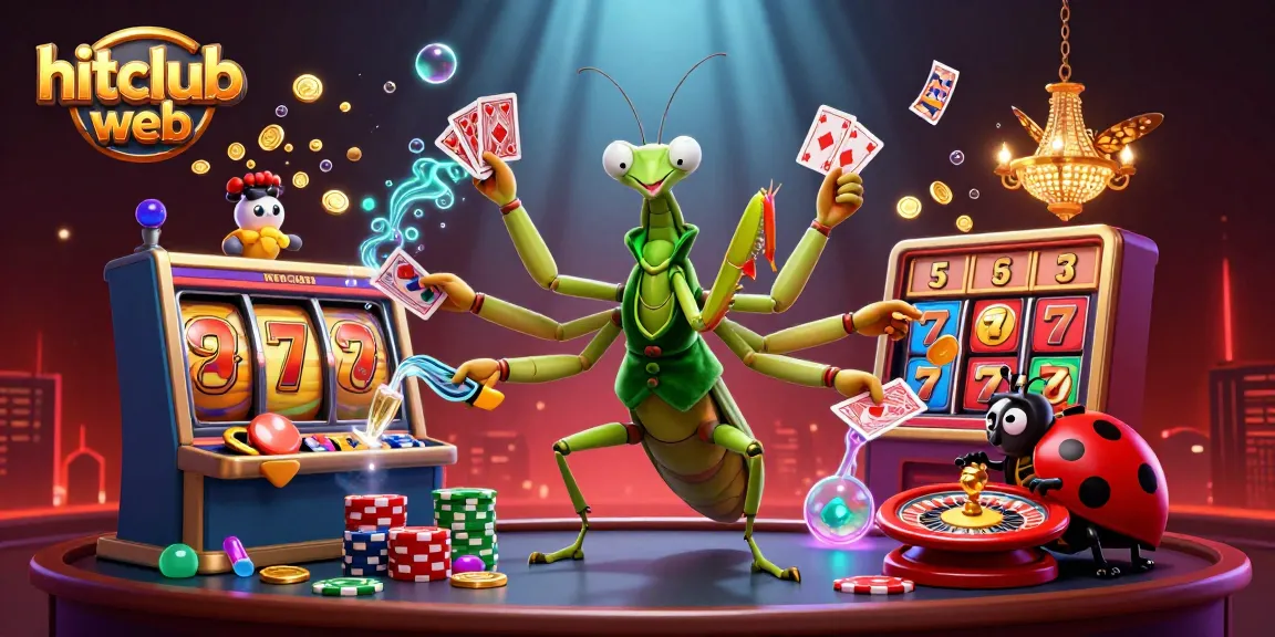 Experience the thrill with hitclub web as a giant mantis card sharp deals winning hands in a vibrant casino scene.