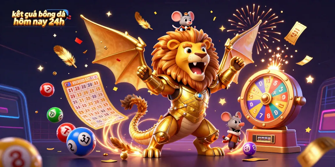 Experience the excitement of kết quả bóng đá hôm nay 24h with a dynamic, inviting illustration of a triumphant chimera and lottery elements.