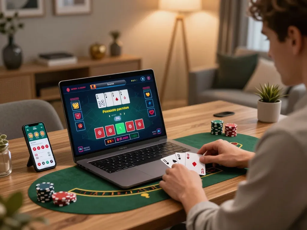 sky88 player managing bets in online blackjack game with strategic focus and cozy home setup