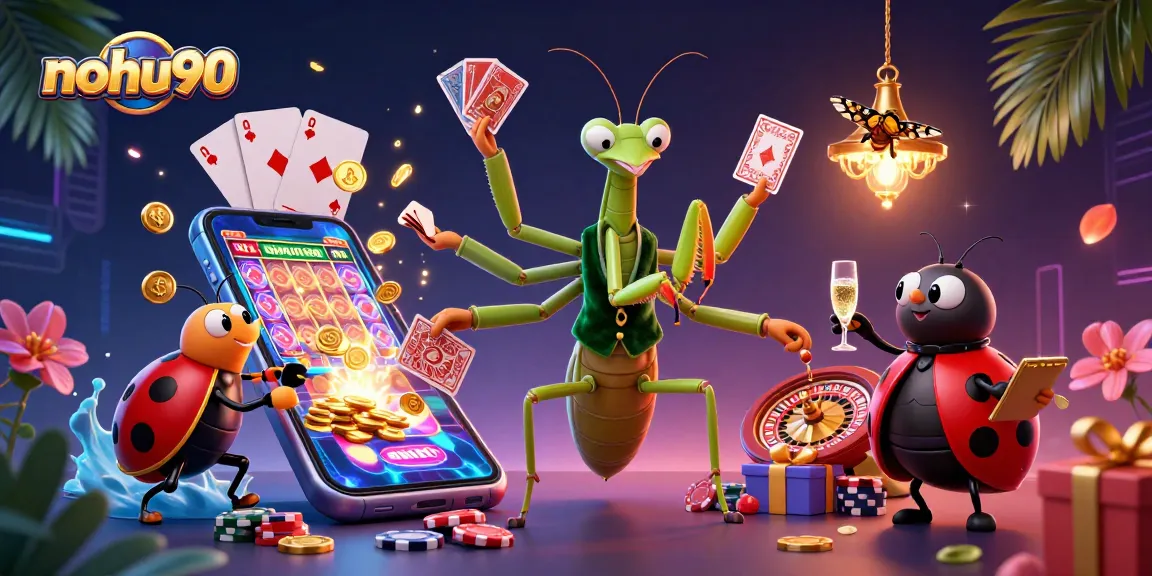 Nohu90 players engage with lavish casino excitement, enjoying slots and poker amidst vivid action.