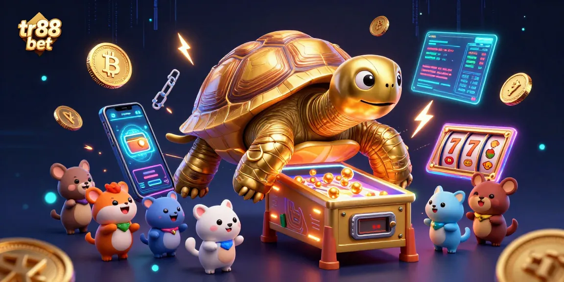 Experience the excitement of tr88 bet in a vibrant 3D casino scene featuring a tortoise pinball machine and crypto elements.