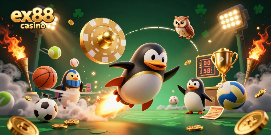 Experience exciting gaming action at ex88 casino with a golden penguin and dynamic sports elements.