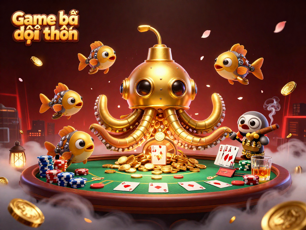Engage in Game bài đổi thưởng with vibrant 3D characters amidst poker elements and golden coins.