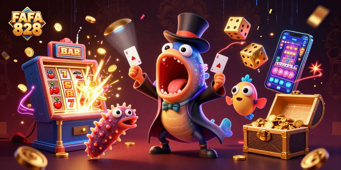 Experience FAFA 828 magic with a dazzling underwater casino illustration filled with vibrant game elements.