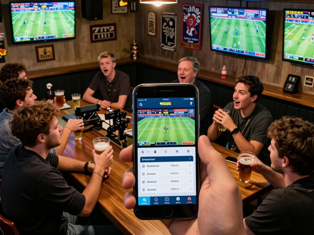 Witnessing the excitement of sports betting with RR88 app on smartphone amidst lively bar atmosphere