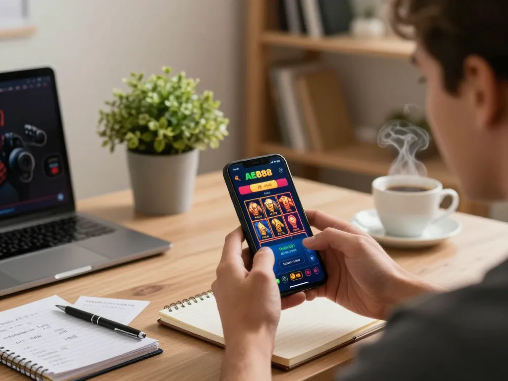 Player engaging with AE888 casino app on smartphone in cozy home office setup, showcasing intense focus on online gambling.