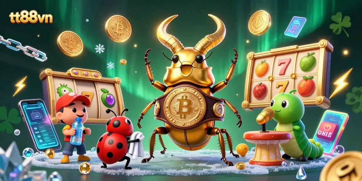 Experience thrilling slot gameplay at tt88vn with a vibrant, dynamic 3D illustration of giant beetles and crypto coins.
