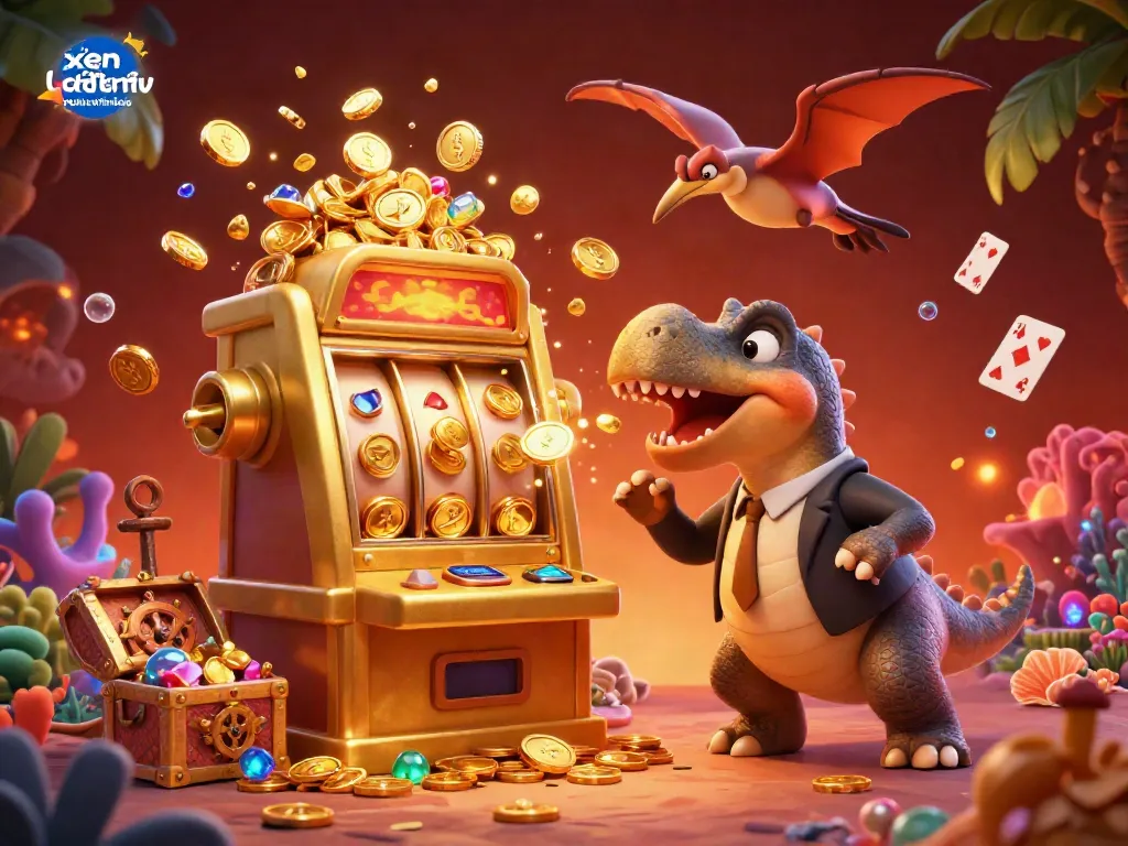 Catch flying coins while enjoying xem bóng đá cakhiatv, as a dino interacts with a jackpot slot machine and lively underwater scenes.
