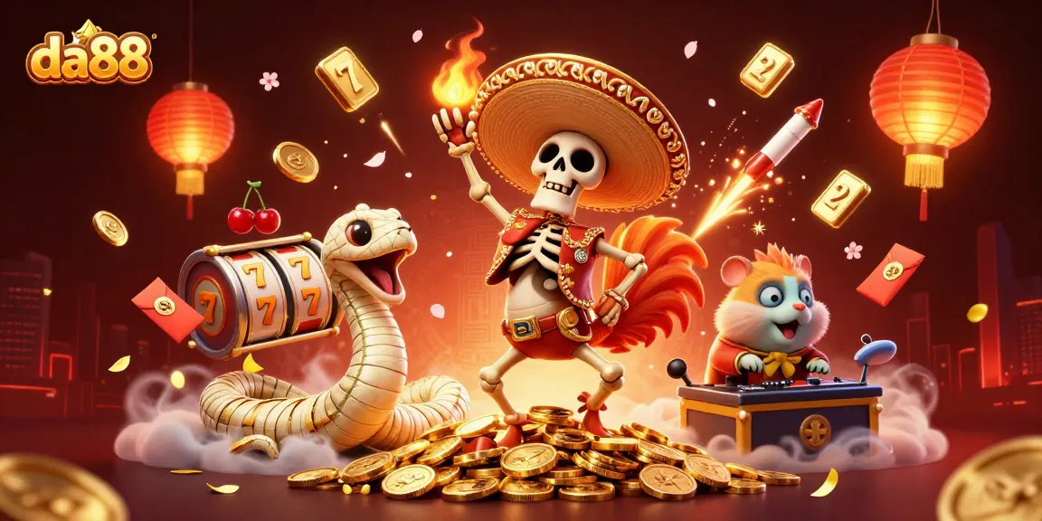 Celebrate winnings with da88 as a mariach skeleton dances on coins amidst vibrant casino elements.
