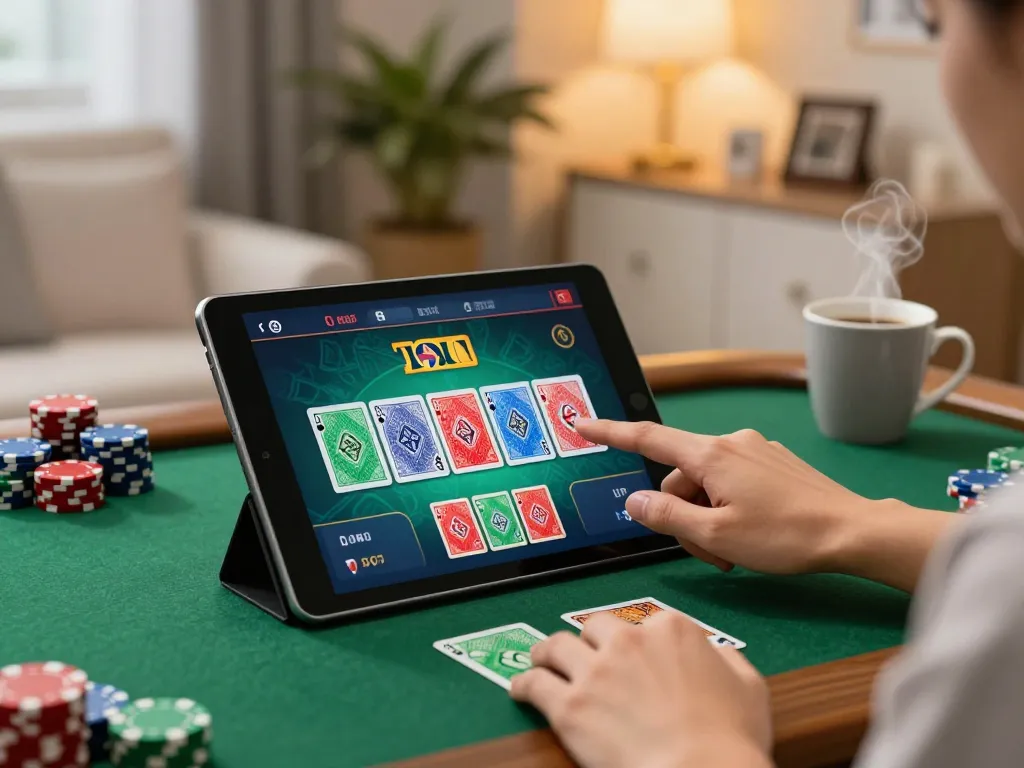 Player enjoying an online poker game at home with xo88ez on tablet screen, creating a cozy atmosphere.