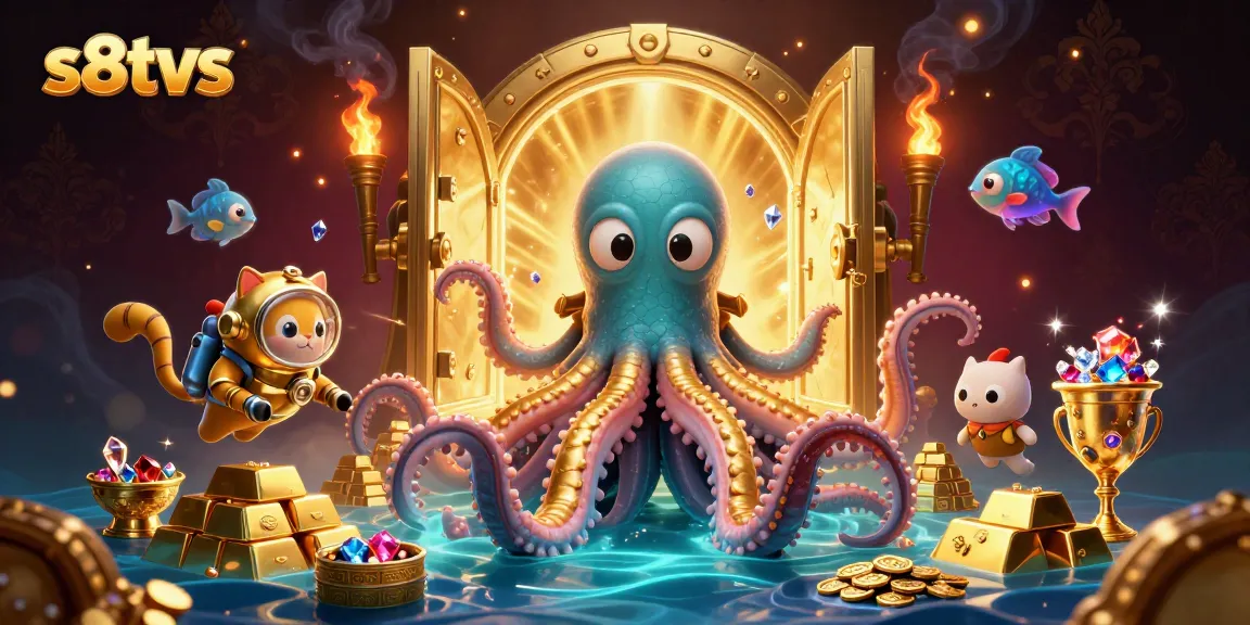 Experience immersive gaming with s8tvs while watching treasures burst from a kraken's ocean treasure.