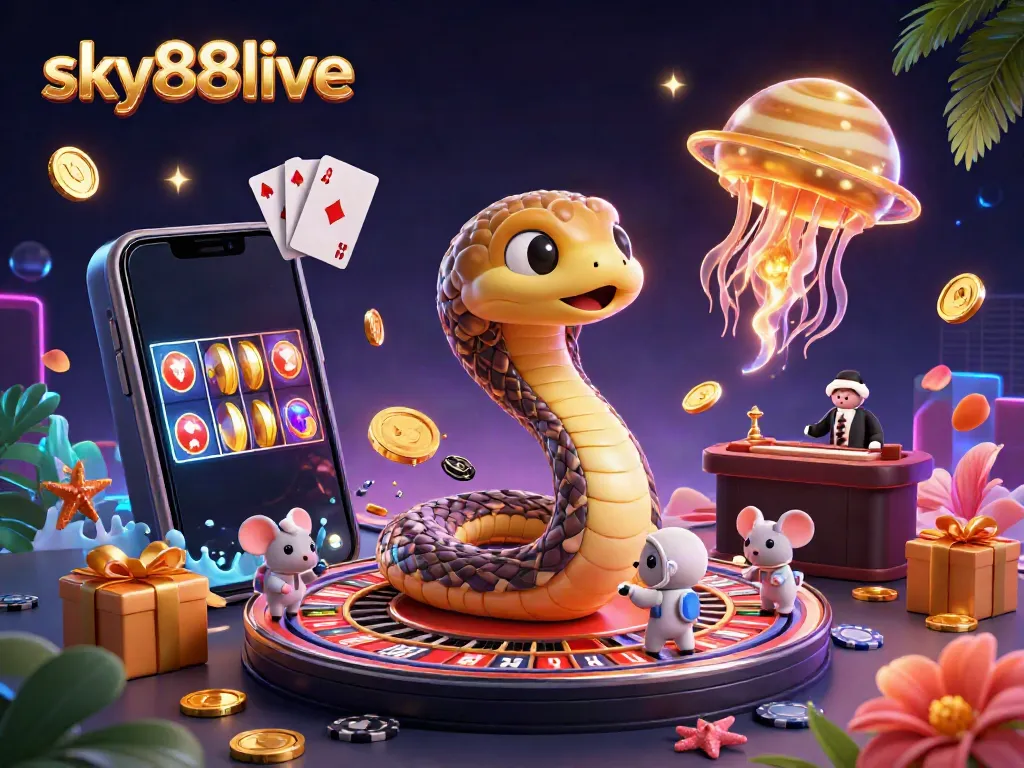 Experience excitement with sky88live as astronaut mice bet on a cosmic roulette wheel in a vibrant casino world.