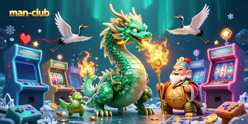 Engaging man-club scene featuring a jade dragon, turtle sage, and lucky cranes against a casino backdrop.