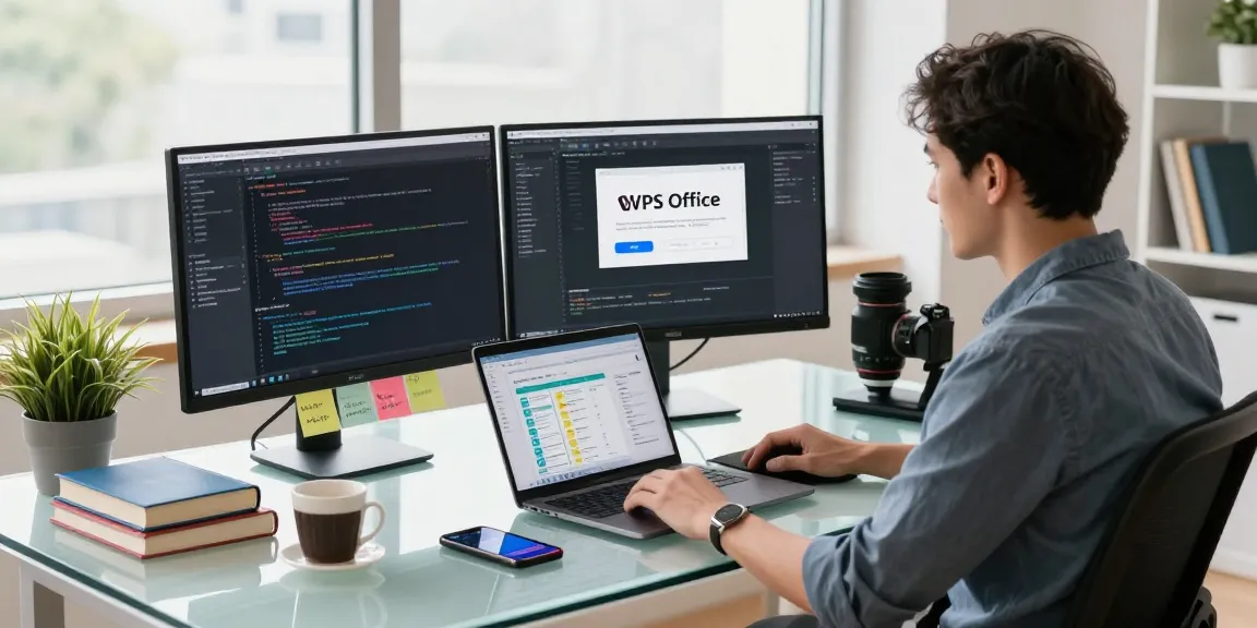 Focused professional downloading WPS Download in a modern workspace with multiple monitors displaying code.
