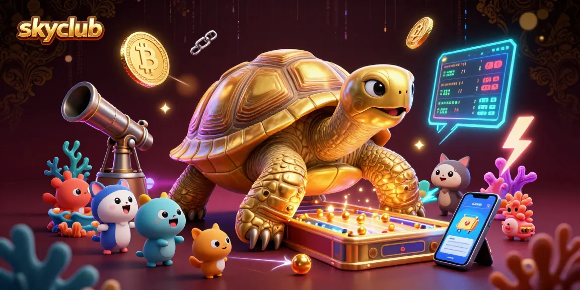 Engage in thrilling gaming at skyclub with a vibrant illustration showcasing a golden tortoise pinball machine in an underwater casino scene.