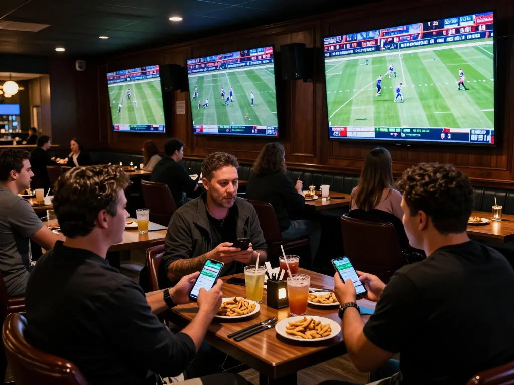 Excited sports fans strategizing sports bets while watching games at a luxury venue highlighting 11 BET.