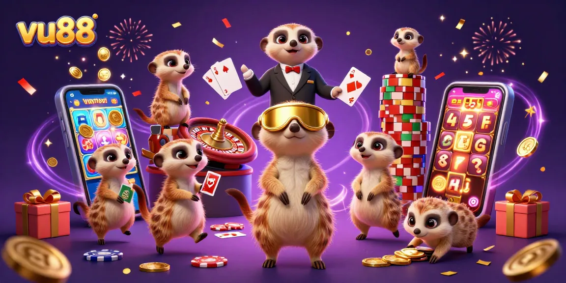 vu88 meerkats celebrate a vibrant casino scene with games, chips, and festive confetti.