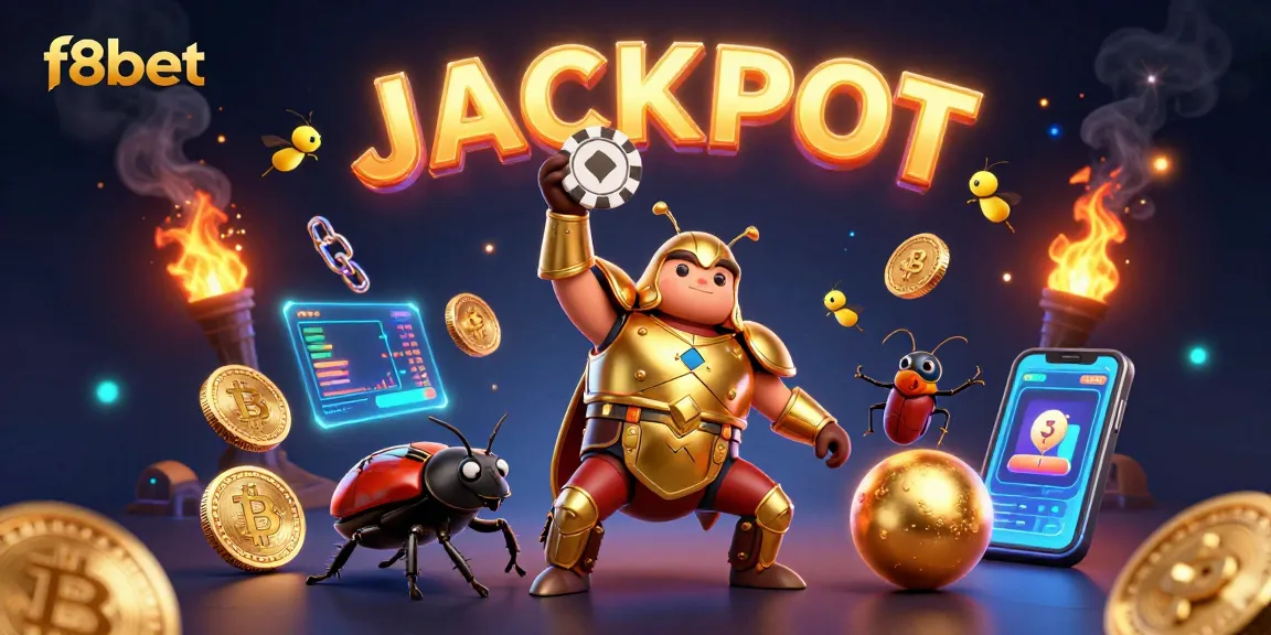 Win big with f8bet as the gladiator beetle lifts a poker chip, surrounded by crypto coins.