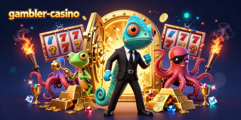 Upplev spänningen på gambler-casino med färgstarka karaktärer och lyxiga casinoelement i en dynamisk 3D-scene.