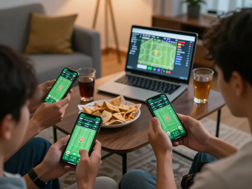 Exciting sports betting action with ta88 app on smartphone in cozy home setting.