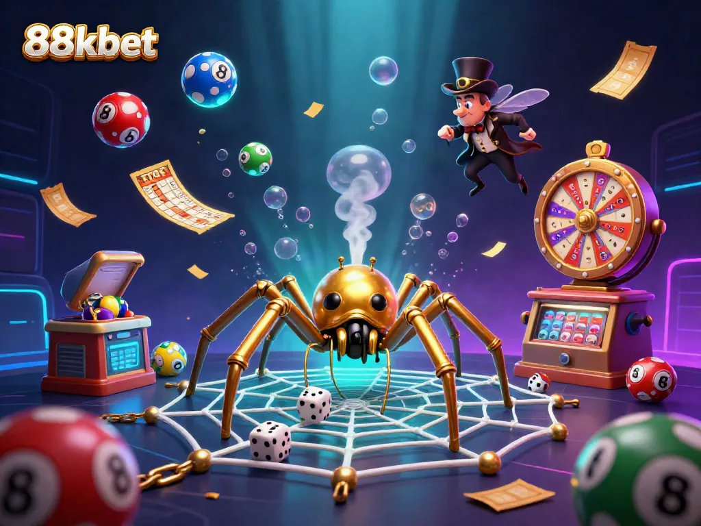 Experience the thrill of 88kbet's gaming adventure with vibrant 3D illustration of a steampunk spider webbing casino elements.
