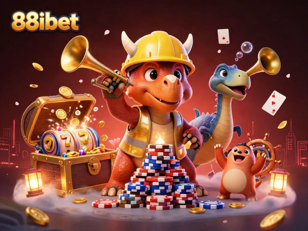 88ibet's vibrant illustration celebrates casino excitement with a triceratops and joyful elements.