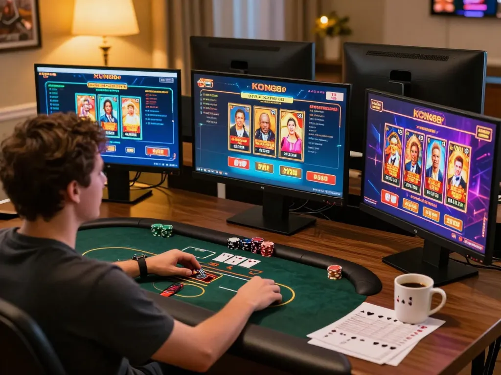 Engaging online casino gaming experience at trang chủ KONG88 with cozy home setup and multiple screens