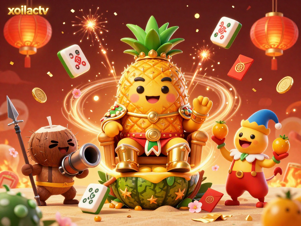 Engage with xoilactv in this vibrant casino illustration featuring a pineapple king and tropical gaming elements.