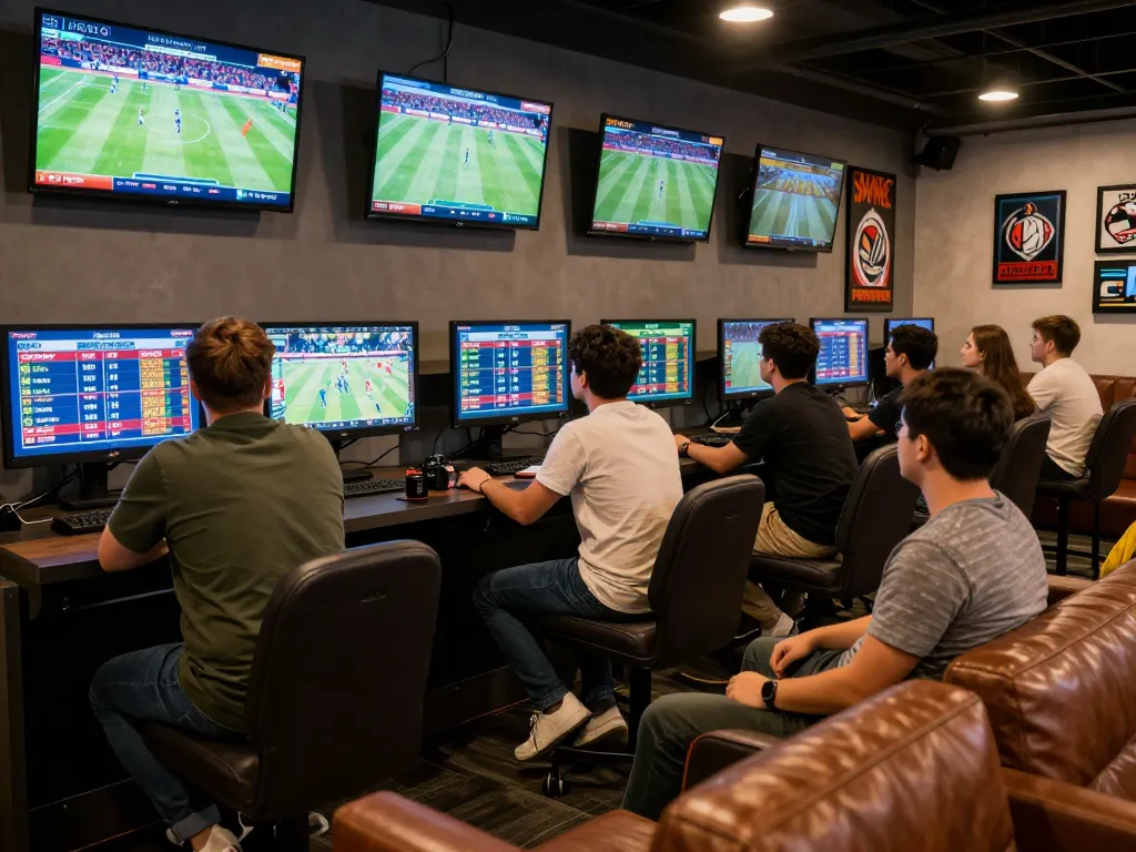 Thể thao tx88 betting enthusiasts placing wagers in a modern sports lounge with live event screens