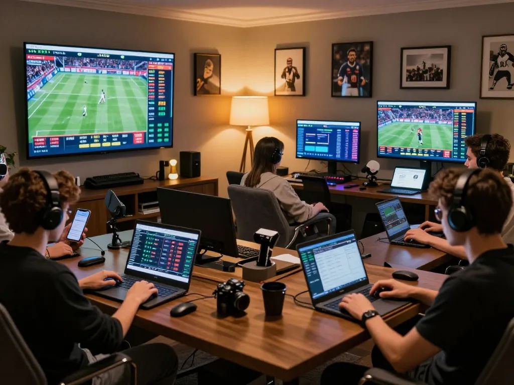 Engaging fun88 bettors analyzing odds on multiple screens in a luxury home office setting