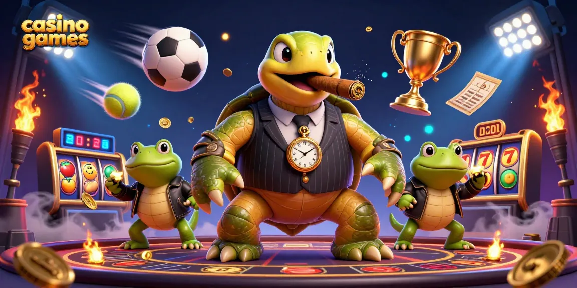 Experience thrilling casino games with a cartoon turtle mobster and sports elements.