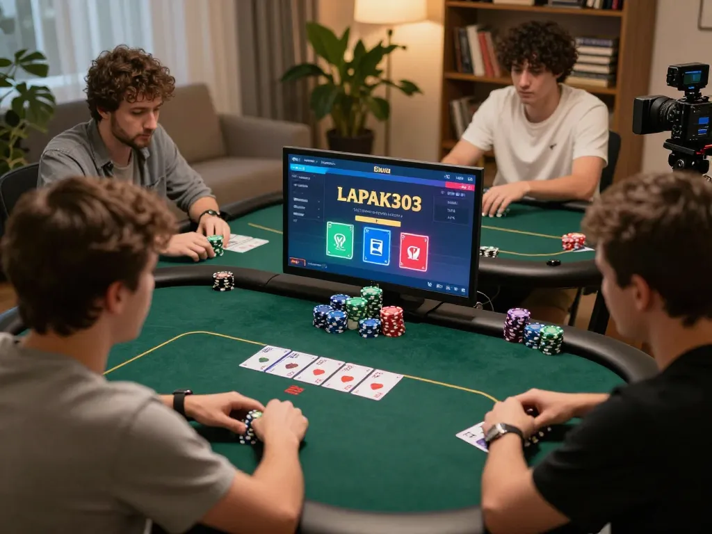 LAPAK303 poker players engage in a thrilling online game, capturing strategic moments and digital excitement.