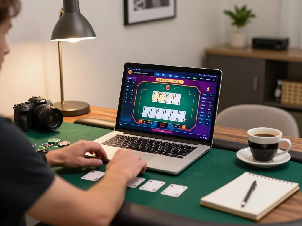 Player strategizing poker game on 98win online casino setup, colorful interface on laptop screen.