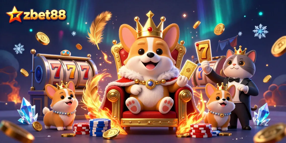 Experience the excitement of azbet88 with a regal corgi surrounded by slot reels and gold coins.
