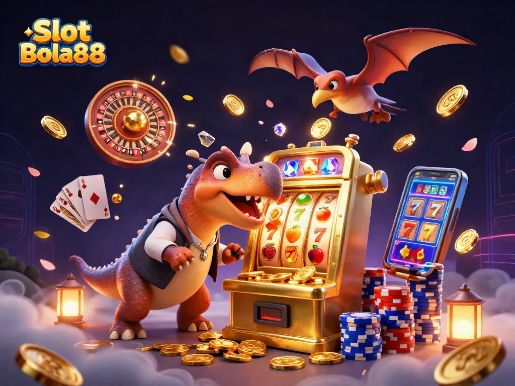 Experience excitement with Slot Bola88 as characters celebrate jackpots amidst a vibrant casino scene.