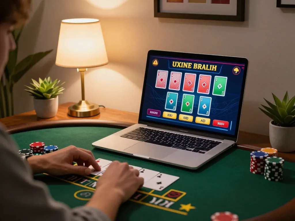 Person enjoying vk88 live dealer blackjack game on laptop in a cozy setting
