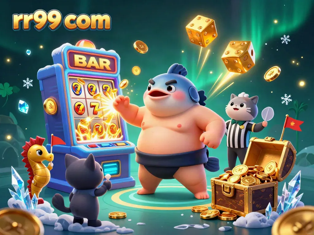 Engage in exciting gameplay at rr99 com, featuring a dynamic underwater casino scene with a fugu and catfish referee.