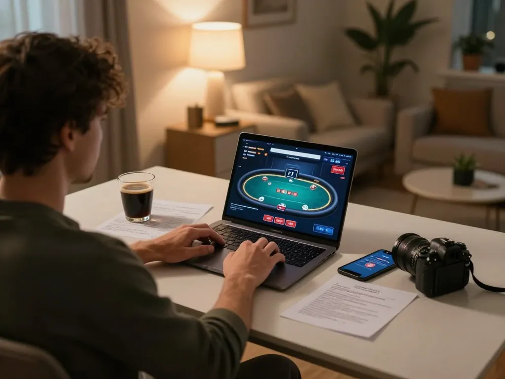 Player engaging in strategic online poker on lu88yy, surrounded by notes and coffee in a cozy home setting.