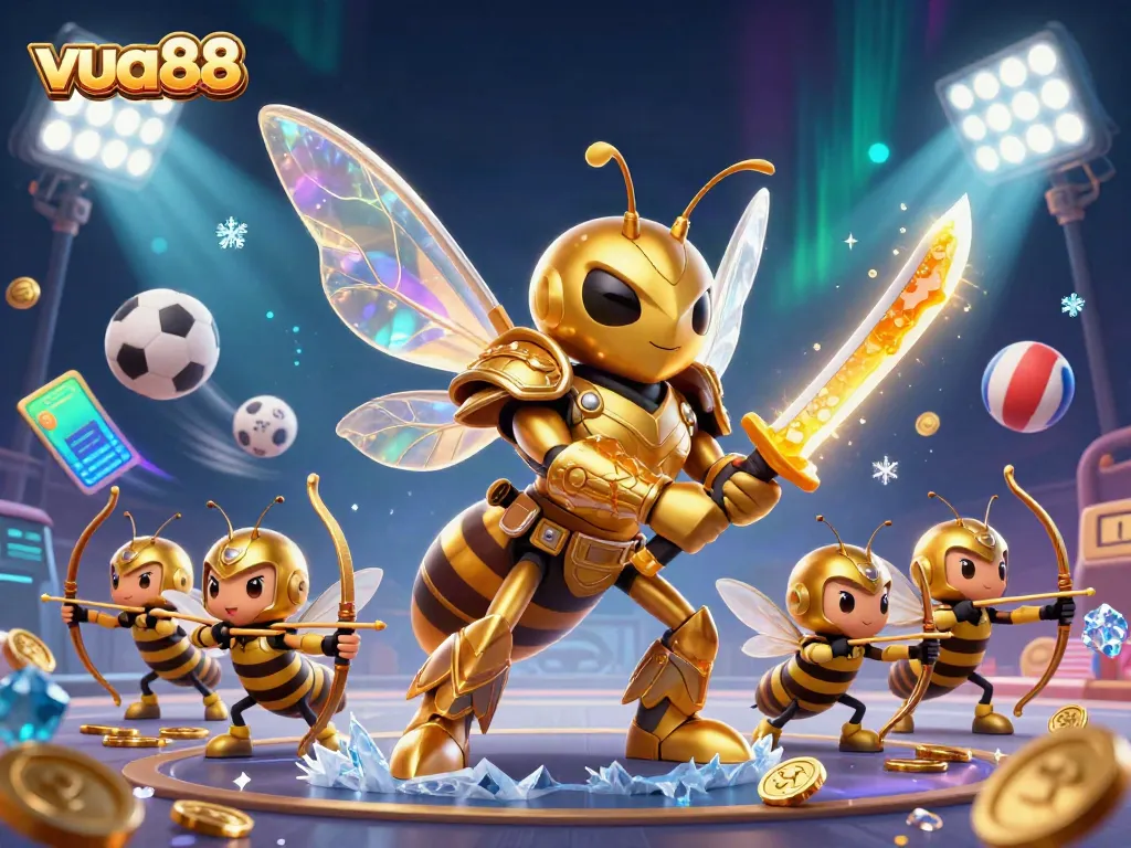 vua88 showcases thrilling sports betting with an energetic golden hornet and bee archers in action